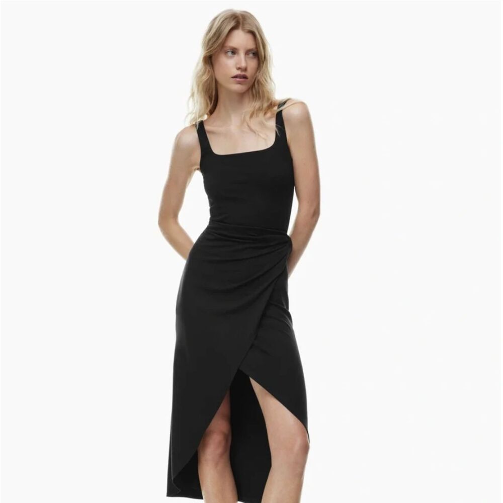 Aritzia Wilfred Black Square Neck Tie Waist Wrap Midi Dress Sz S
